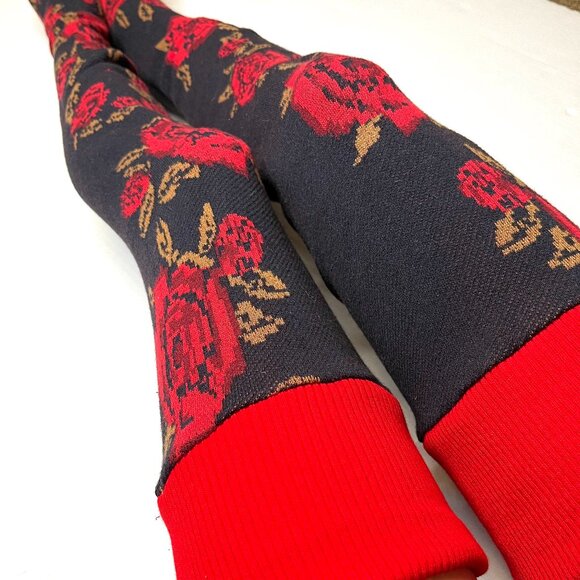 Floral Sweater Leg Warmers Red Knit Thigh Highs Flower Black Over the Knee Socks - Picture 1 of 8
